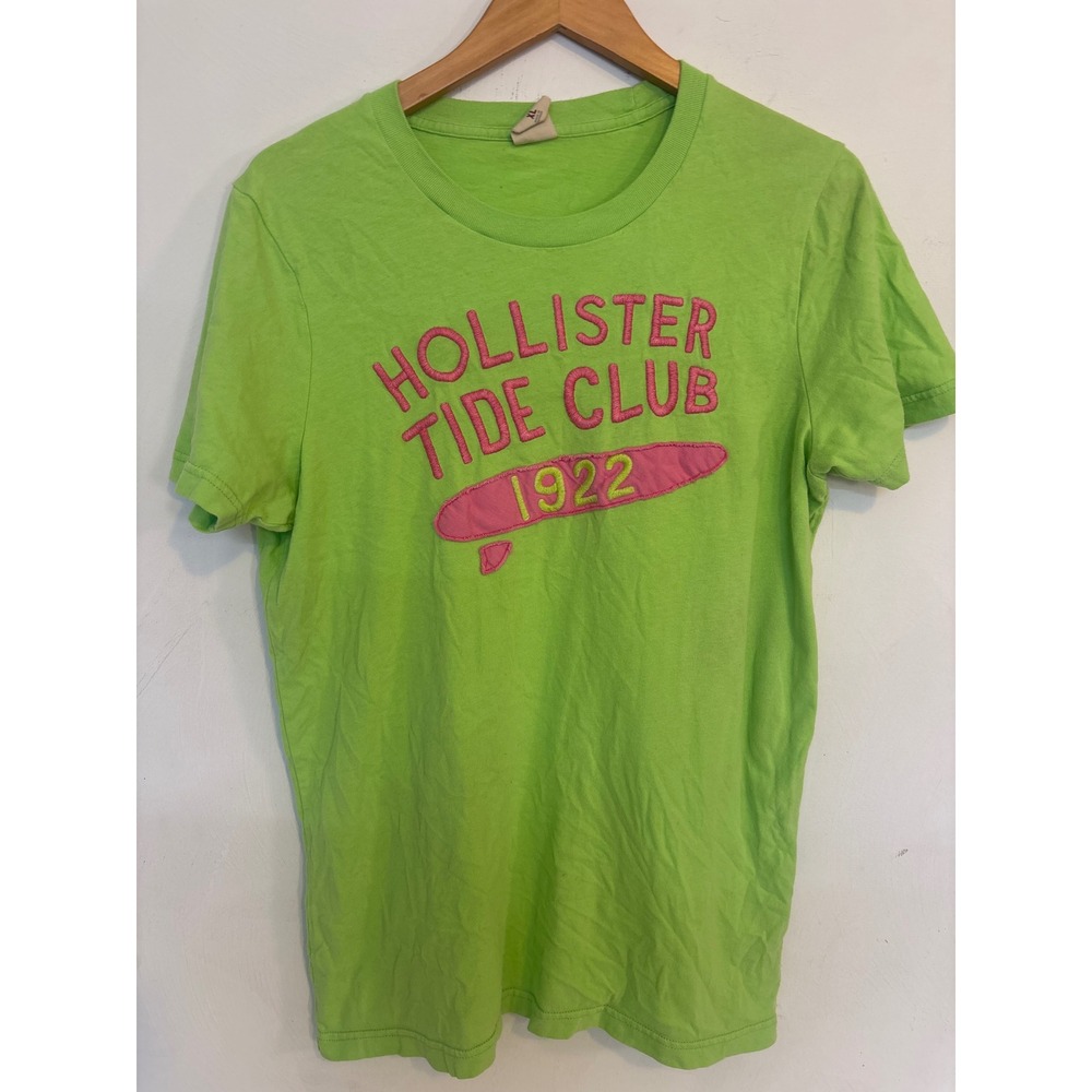 Hollister Tide Club 1922 Graphic Tee Lime Green Pink XL Short Sleeve Surf Shirt